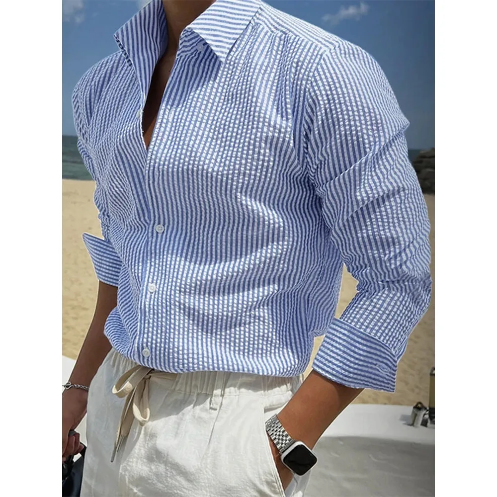 

Vintage Striped Mens Shirts Daily Casual Breathable Long Sleeve Shirt Spring Summer Beach Leisure Buttoned Lapel Men Cardigans
