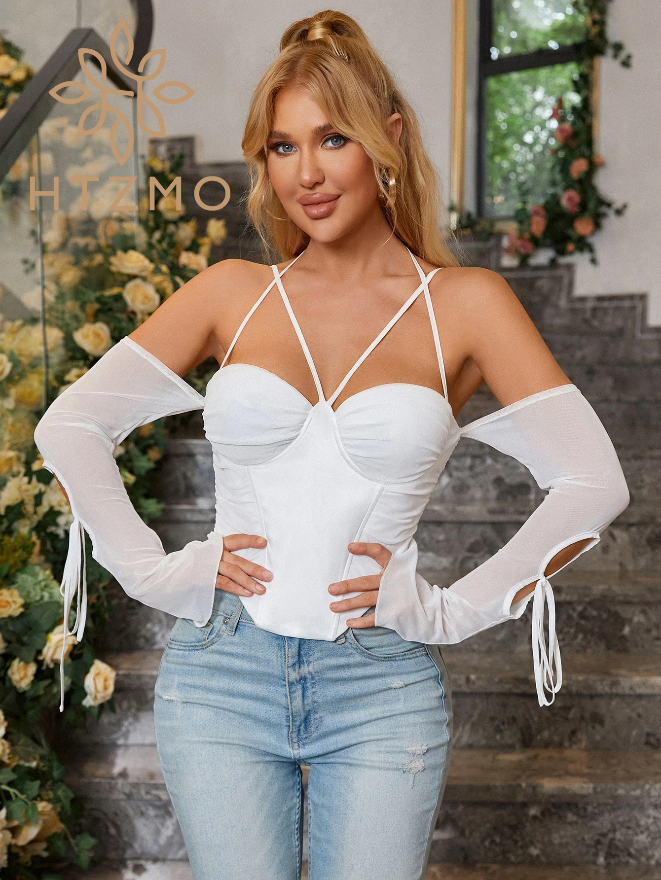 HTZMO Fashion Halte Camisoler Mesh Top Design Boned Underwire Adjustable Spaghetti Strap Top Backless Ruched Top Party Club Wear