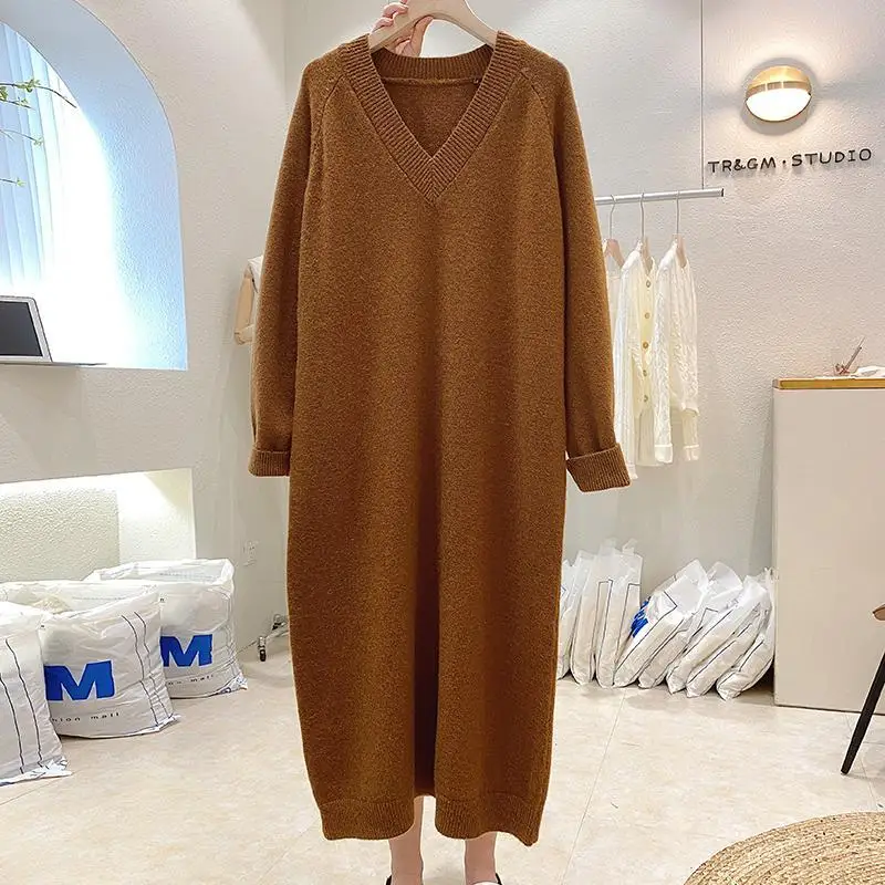 Pound Plus Size Woolen Dress Over the Knee for Women Suitable for Autumn and Winter with a Lazy Loose V-neck Bottom Knit Dress