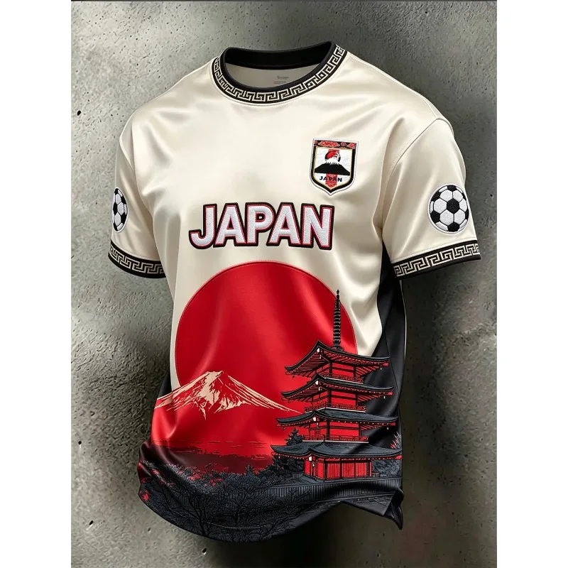 2026 Football Jersey 3D Japanese Red Cherry Blossom White Crane Print Men's and Women's Universal Retro Casual Tee Y2k Clothes