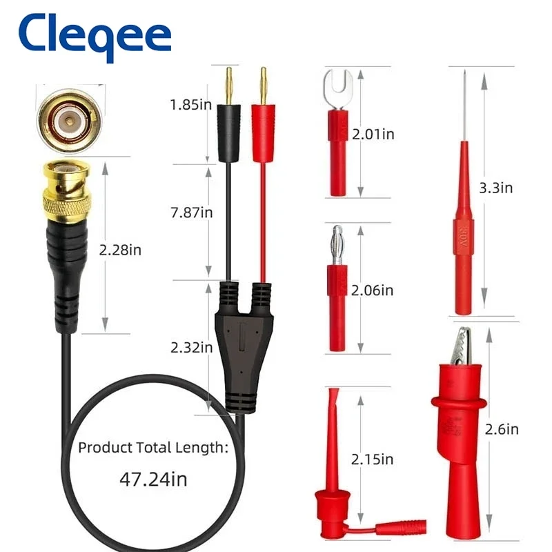 Cleqee-Kit de cables de prueba de osciloscopio P1068, conexión Universal BNC a Banana de 2mm, con gancho de prueba, pinza de cocodrilo, sonda de prueba, enchufe de pala