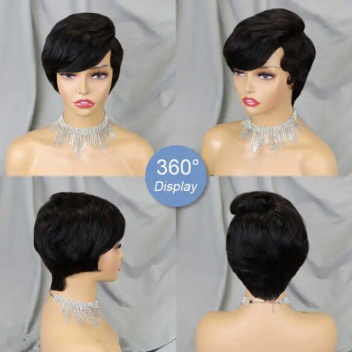 Short Pixie Wig Side Part Full Machine Made Wig Natural Color Ombre Brown Highlight Pixie Cut Wig Human Hair Wig For Women