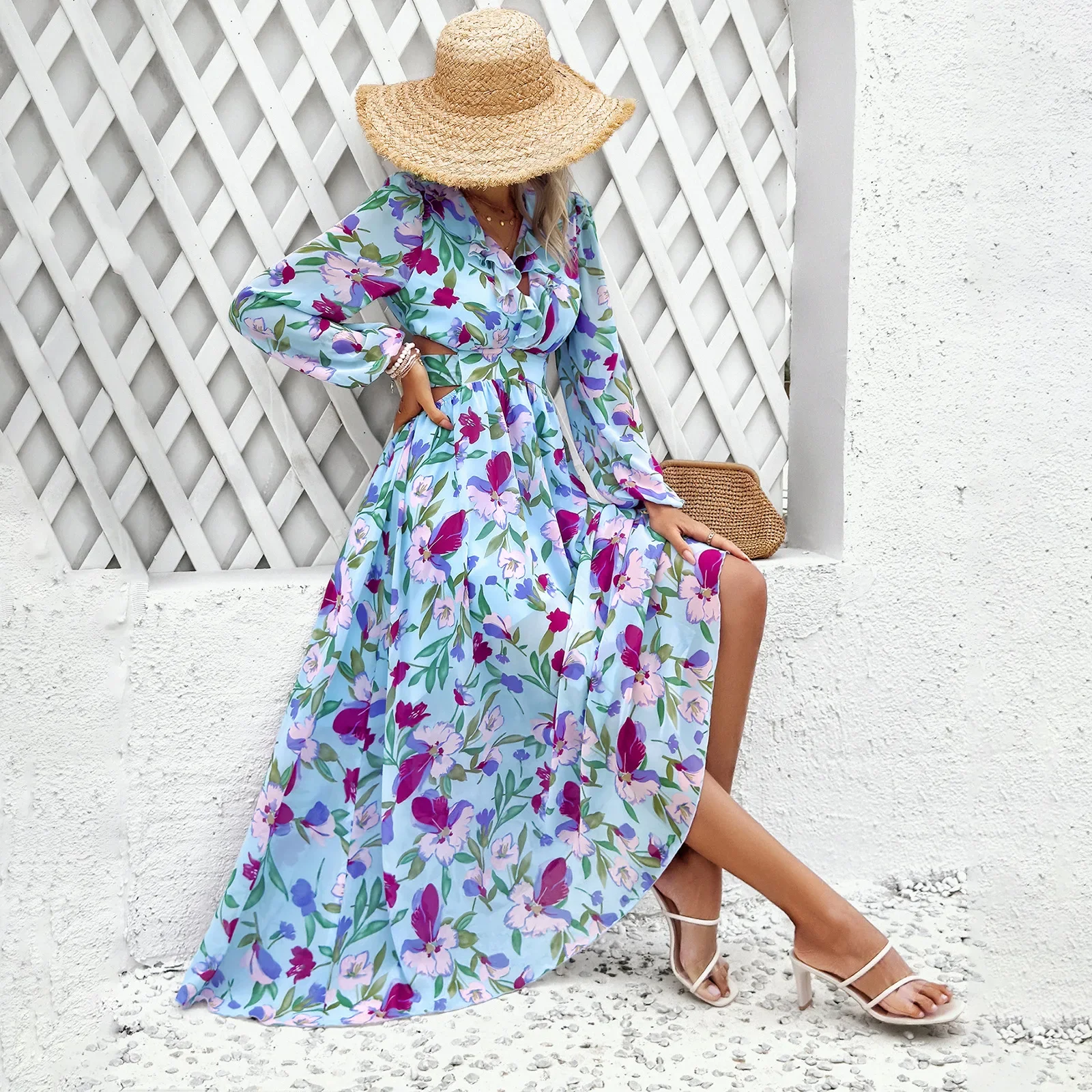 Boho Strand Sexy Tiefem V-ausschnitt Taillelose Maxi Kleider Frauen Robe Vintage Langarm Floral Gedruckt Kleid Sommer Casual Vestidos