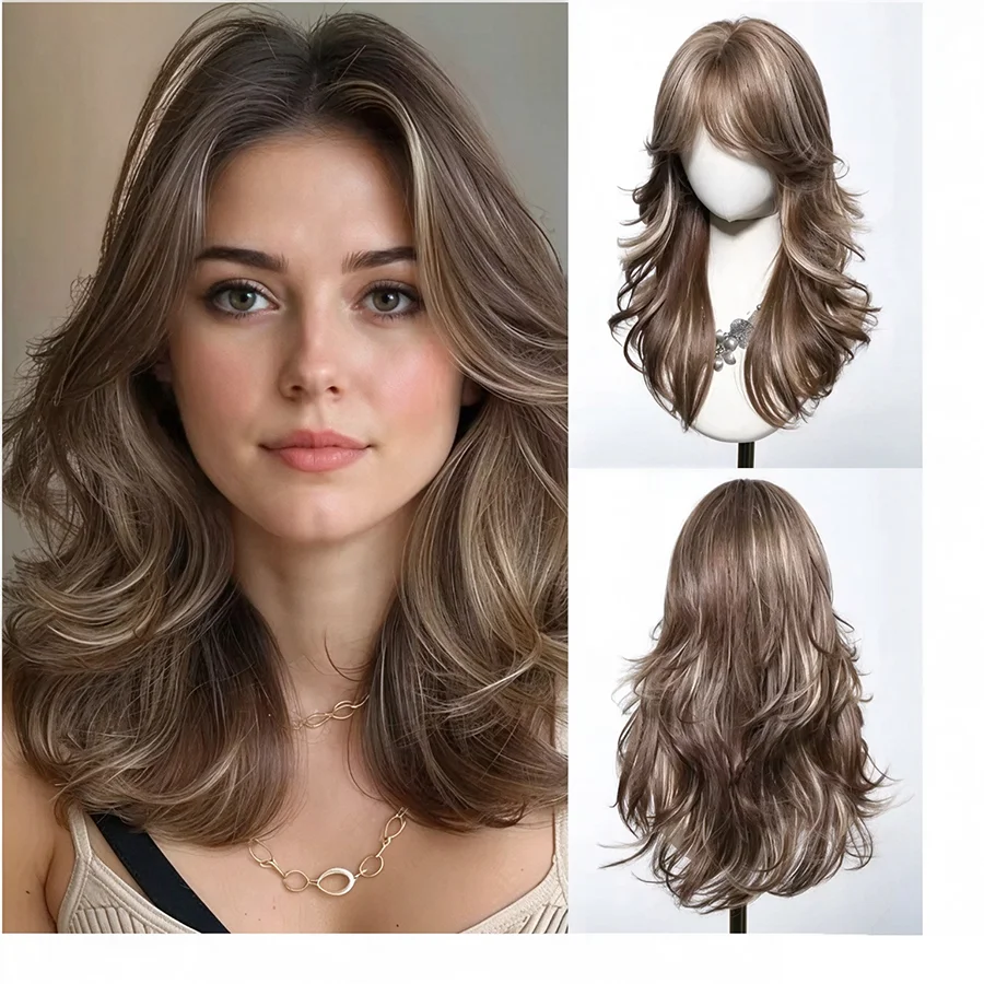 22 Inch Long Synthetic Natural Looking Middle Part Hair Wig  Brown Mixed Blonde Wavy Layered Wig with Curtain Bangs for Women
