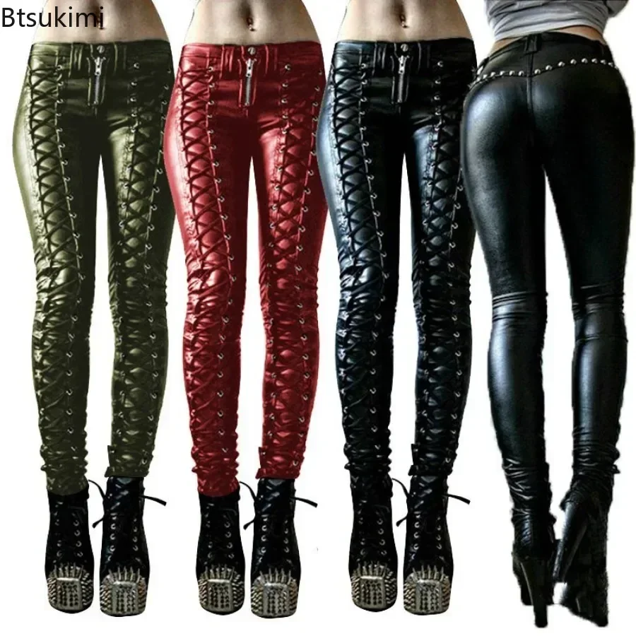 Gothic Faux Leather Elastic Leggings Pants for Women Retro Hollow Out Lace Up PU Pencil Pants Ladies Sexy Punk Rock Skinny Pants