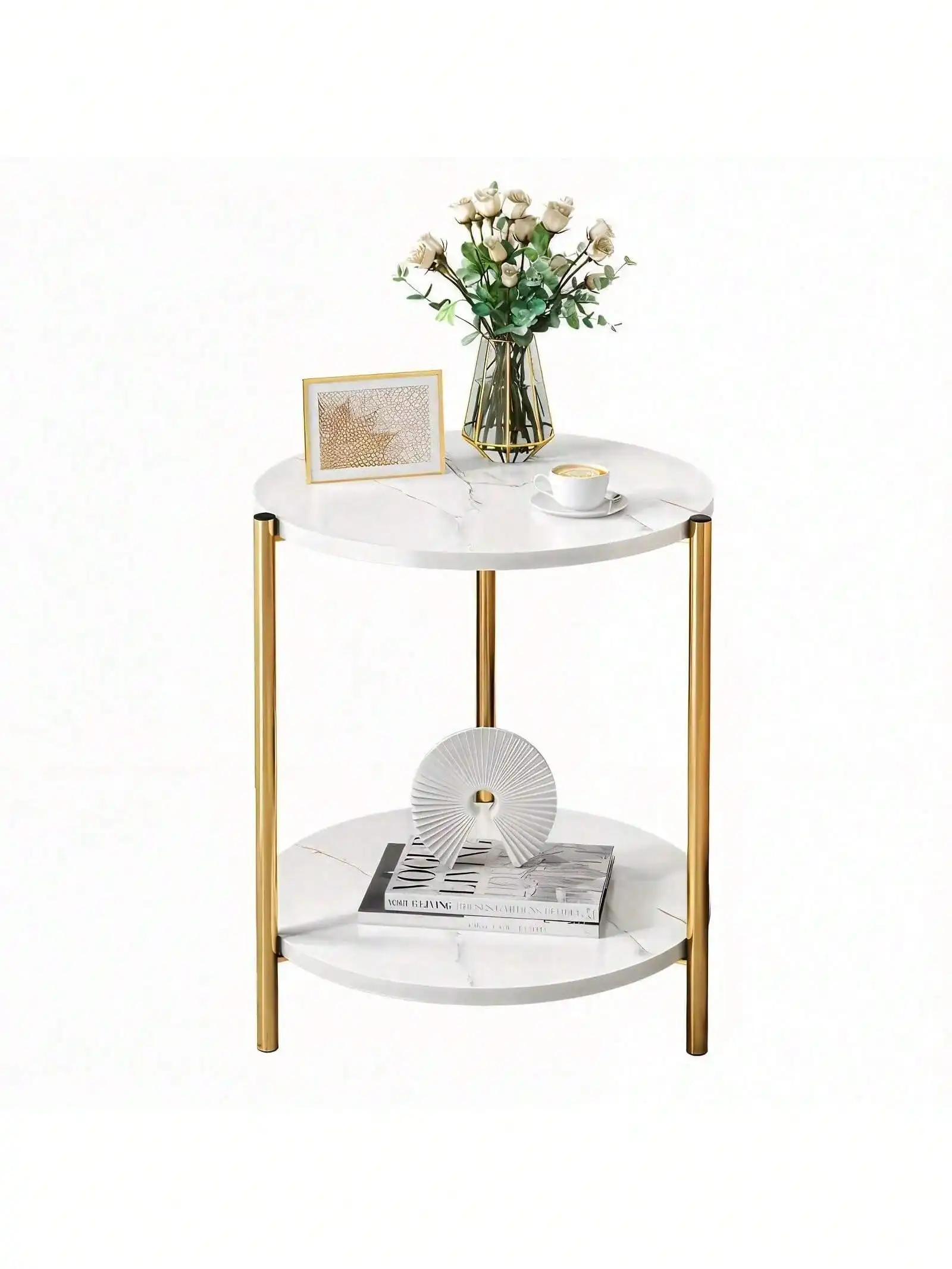 Double-Tier Round Side Table, Minimalist Sofa Table & Coffee Table, Dual-Purpose Indoor/Outdoor Decorative Table Double-Layer Metal Reinforcement, Easy Assembly Suitable For Indoor/Outdoor Decor, Dail image 5