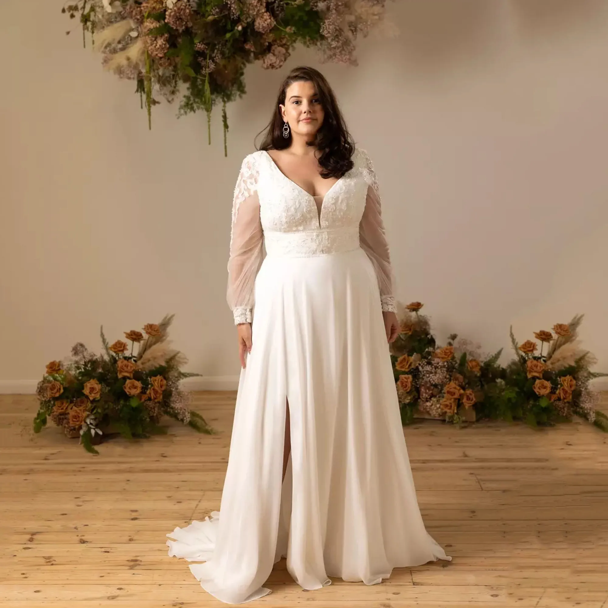 

MCDV Civil Lace Wedding Dresses Plus Size V-Neck Backless Puff Sleeve Applique Split Chiffon Bride Gowns For Women Customized