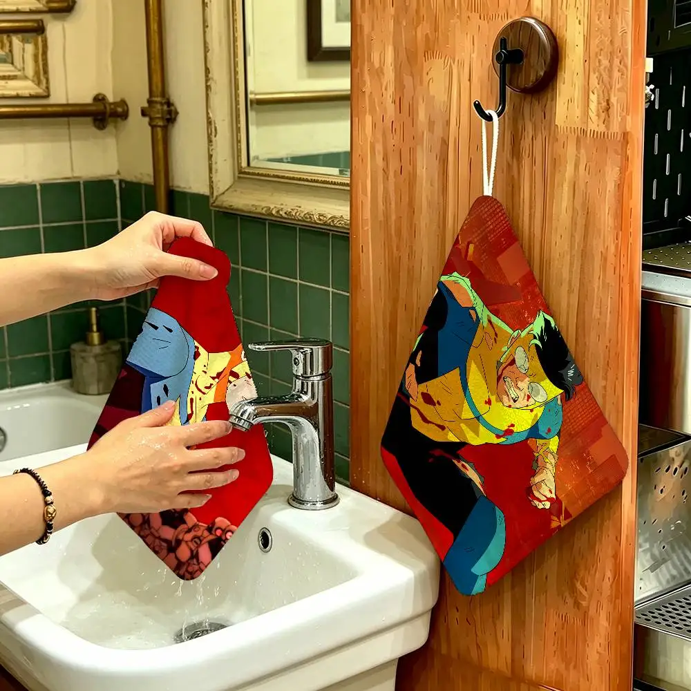 Animation I-Invincible Polyester Cotton Hand Wiping Towel, Hanging Design, Durable for Household Restaurant Toilet Use
