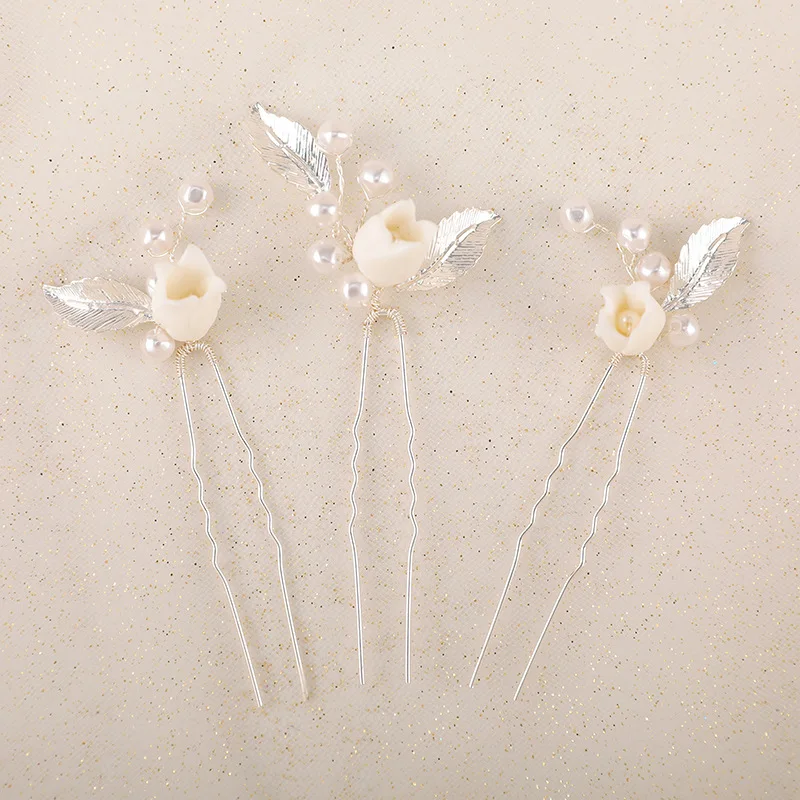 Floralbride Alloy Leaf Ceramic Flower Rhinestones Crystal Pearls Bridal Hair Pins Wedding Hair Sticker Women Hair Accessories