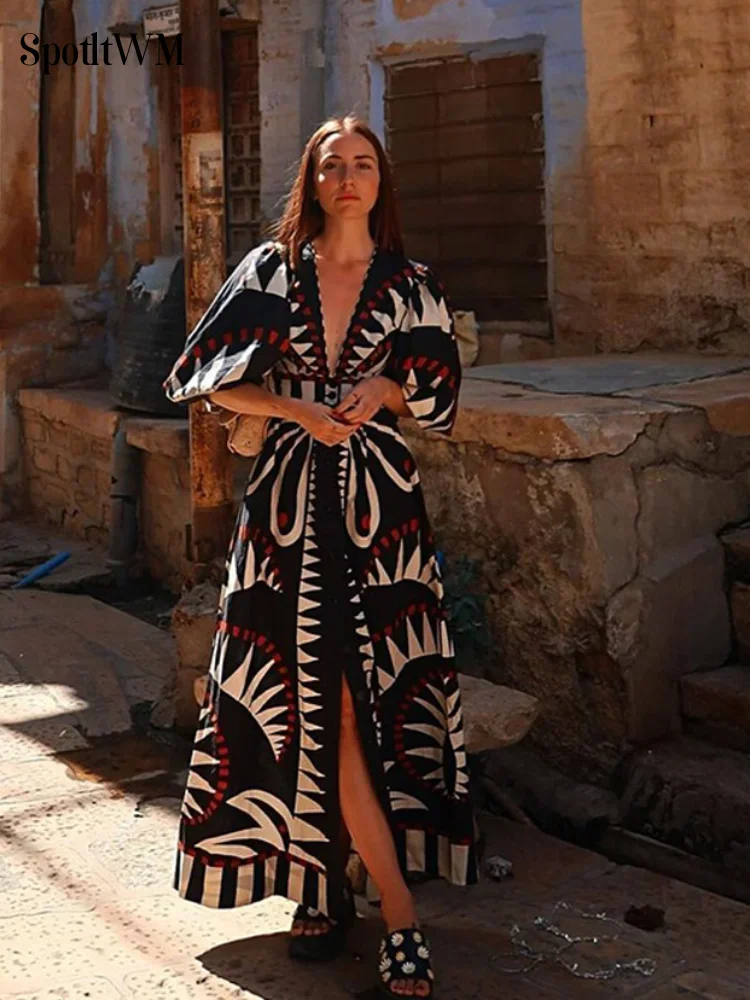 Casual Boho Print Loose Maxi Dress Women Chic V-neck Puff Half Sleeve Single-breasted Dresses Summer Lady Ethnic Style Robes