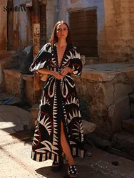 Casual Boho Print Loose Maxi Dress Women Chic V-neck Puff Half Sleeve Single-breasted Dresses Summer Lady Ethnic Style Robes