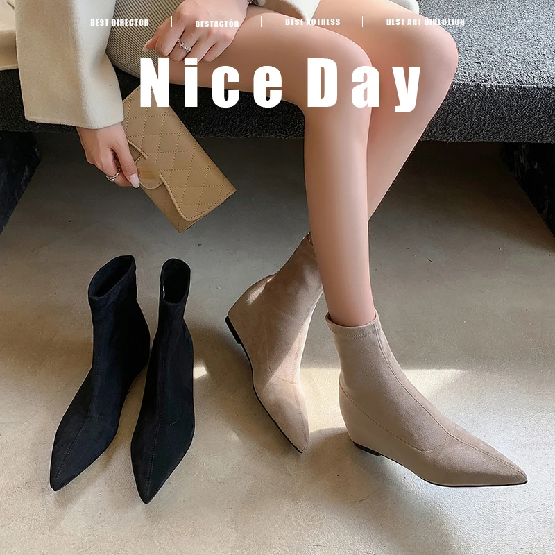 

2026, осенне-зимние женские ботильоны, размеры 22-24,5 см, эластичные фланелевые ботинки с острым носком, увеличивающие рост, современные ботинки, узкие ботинки с молнией сзади