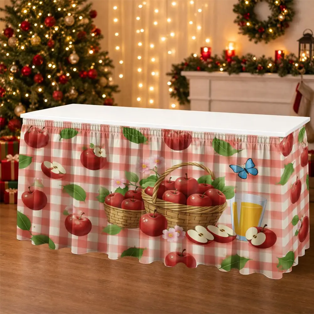 One-piece party table skirt decoration - red apple basket juice pattern ruffled tablecloth