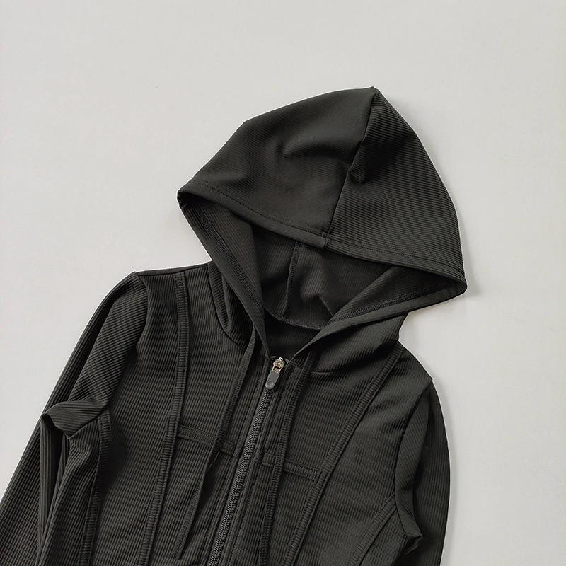 Fitnessjacke für Damen, Kapuzen-Cardigan, Herbst und Winter, eng anliegend, schnelltrocknend, Sport-Lauf-Trainings-Slim-Yoga-Kleid, Langarm – Detail 7