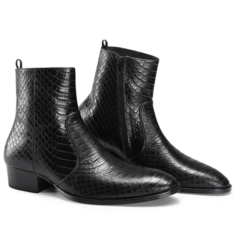 Black New 6cm heel top designer high top shoes king Serpentine cowhide Chelsea western Men Boots Real Leather winter Shoes