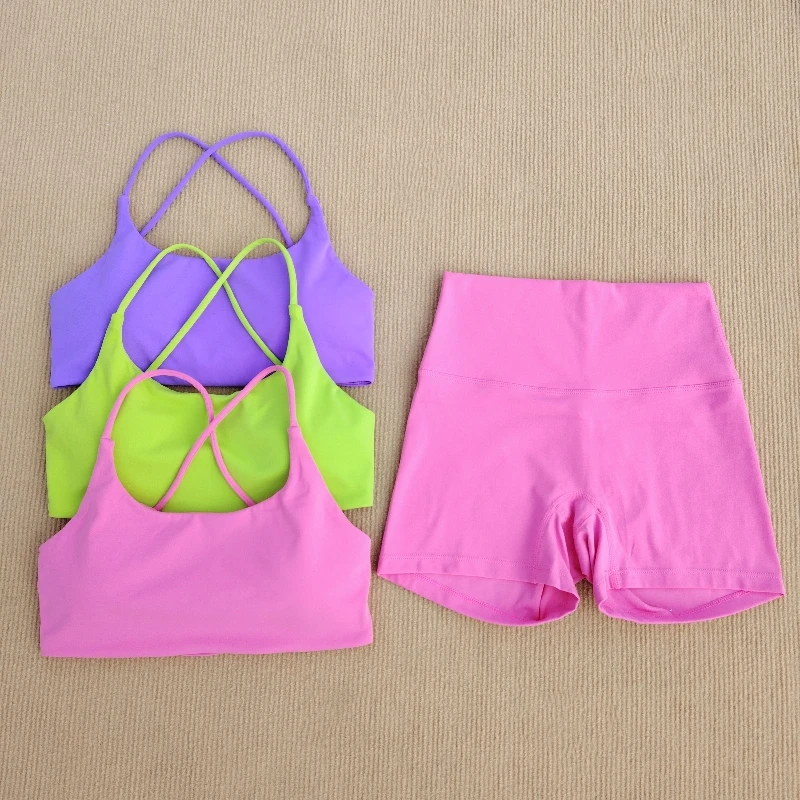 Sexy Yoga Suit 2 Pieces Sports Suit Gym Pure Sports Color Bra Women's Shorts Hot Girls Fitness Tight Shorts Pilates Workout Suit