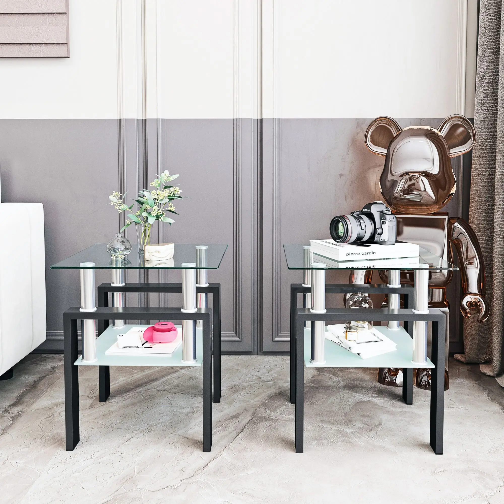 2-piece set, modern tempered glass  coffee table living room square table, transparent/black/white