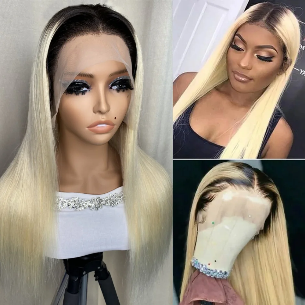 Straight 1B613 Lace Front Wig Virgin Human Hair for Black Women 13x4 Transparent Lace Frontal Ombre Blonde Real Hair Wigs 180% D