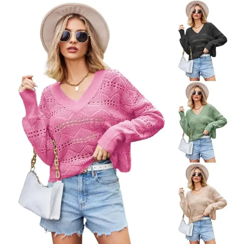 

Long Sleeve Hollow Out Sweater Casual Cute Crochet Knit Pullover V-Neck Long Sleeve Loose Blouses for Womens