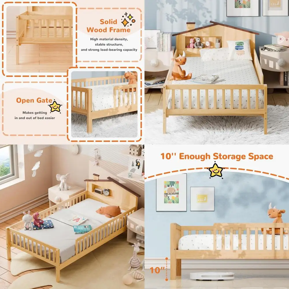 

Двуспальная детская кровать из массива дерева с местом для хранения вещей, предохранительными направляющими, компактная, коробчатая пружина не требуется, натуральная коричневая отделка