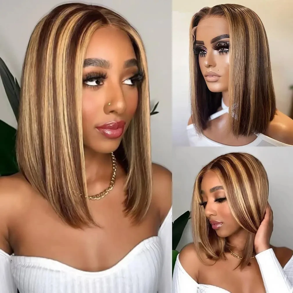 

4/27 Highlight Bob Wigs Straight Lace Front Wig Human Hair Burgundy 99J Ombre Colored 13x4 Frontal Short Bob Wig Human Hair