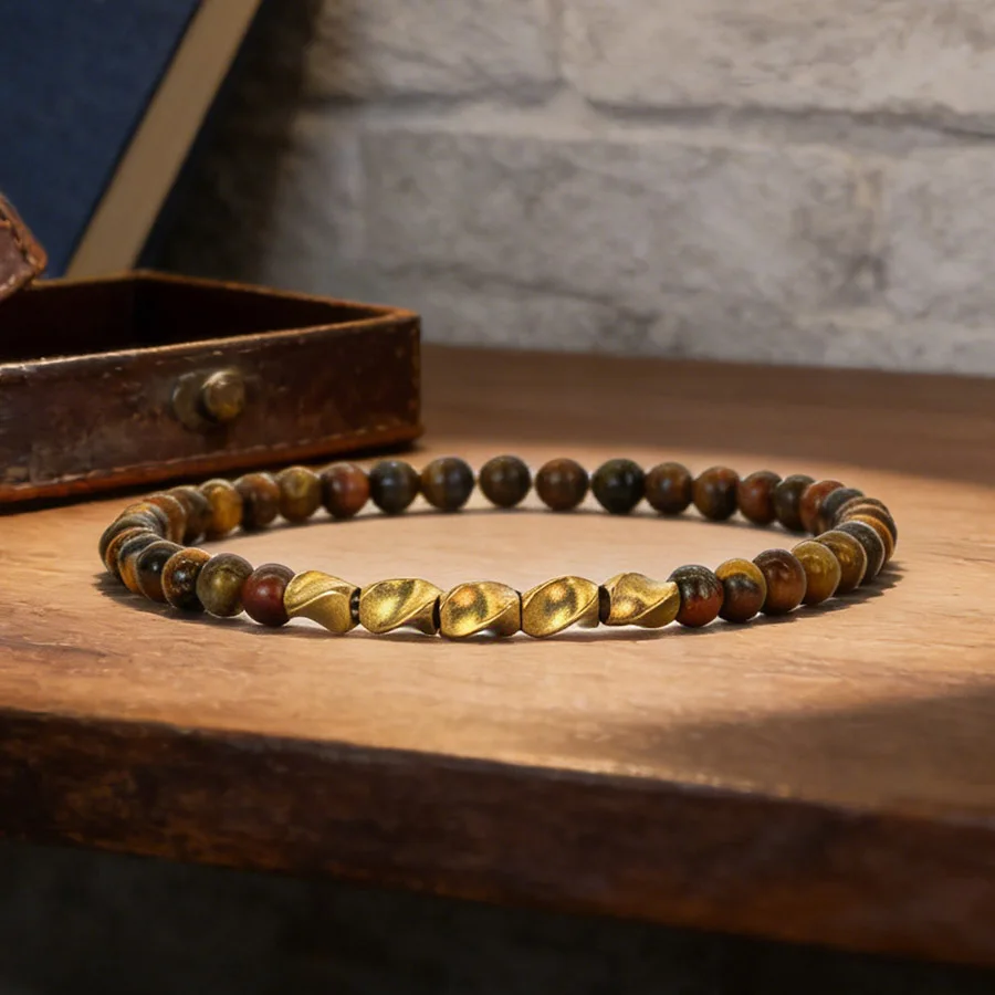 4mm Naturstein-Perlenarmband mit Goldener Spirale, Metall-Tigerauge, Lava-Energie, Balance-Heilung, Minimalistischer Stil, Schmuck-Geschenk