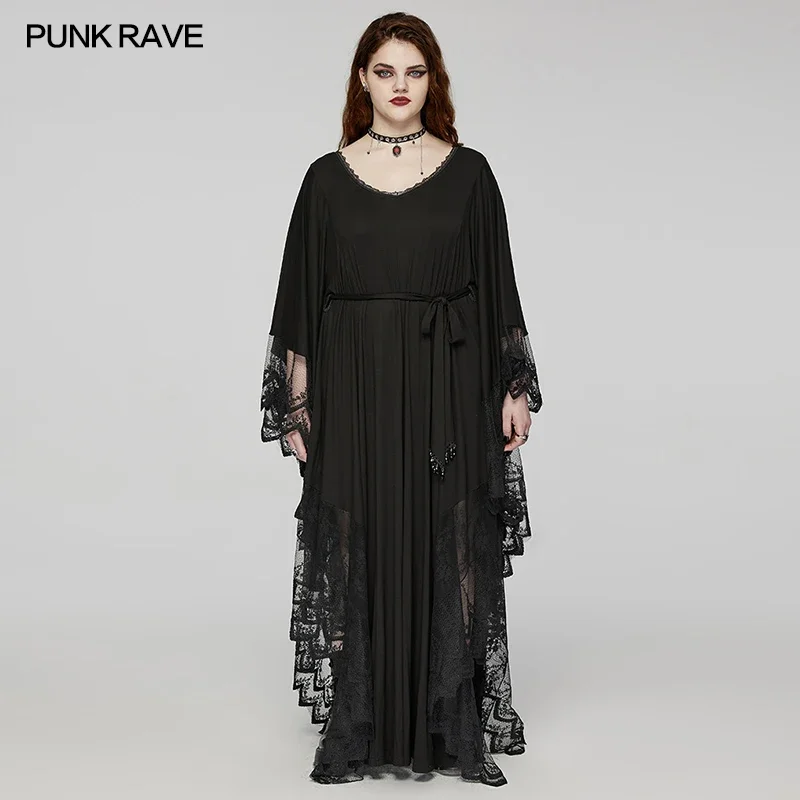 

PUNK RAVE Gothic Elastic Knitted Large V-neck Bat Silhouette Dress Exquisite Lace Flared Sleeves Party Club Black Long Dresses