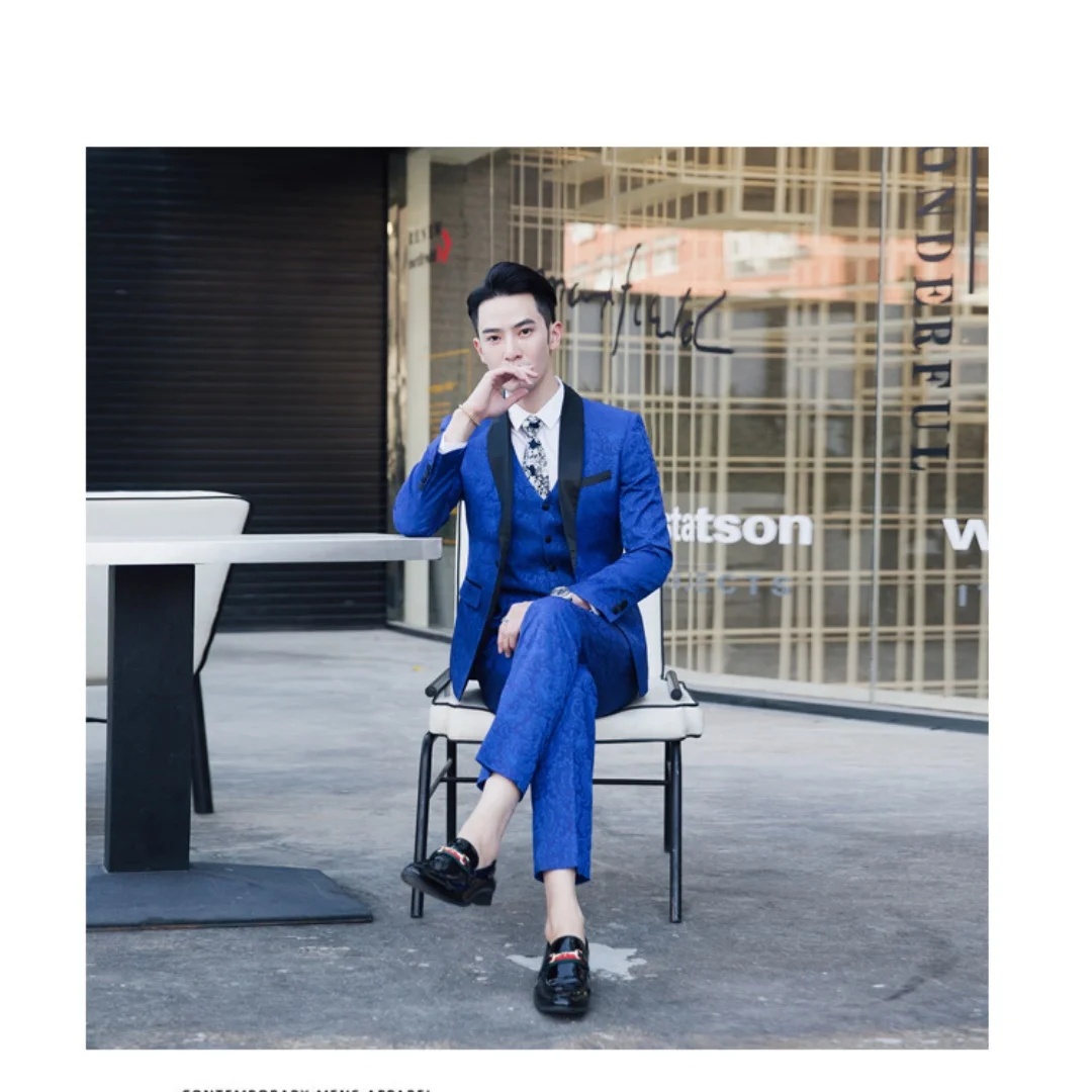 Korean version of the small suit suit three-piece flower suit plus size barber nightclub personality plus size embroidery slim