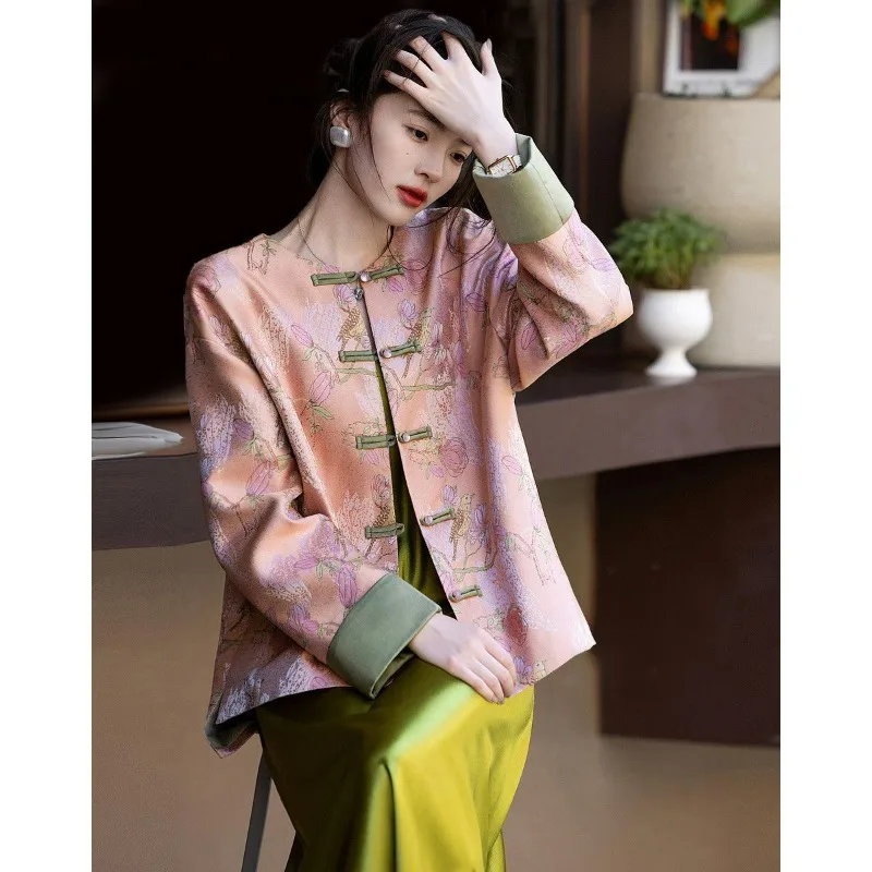 Unique, Simple Fashion Women's Wear New Chinese-style Elegant Jacquard Color-blocking Double-number Button-up Hem Patchwork Coat
