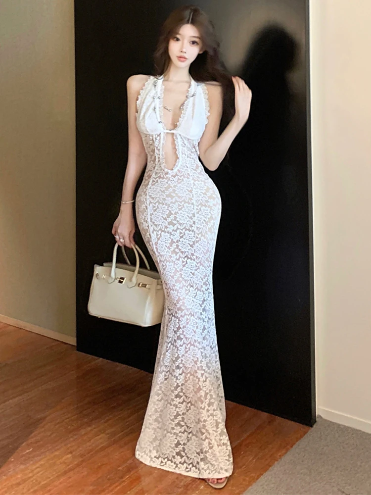 

Slimming Lace See-tough Deep V-ne Hanging Ne Long Dr High Waist Sexy Sle H-ape Fi-tail Skirt Bal Summer D...