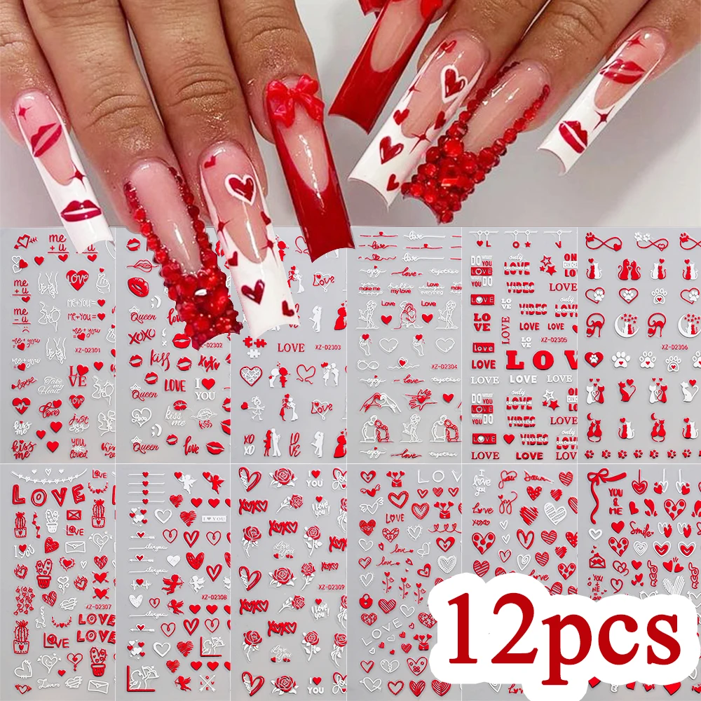 12pcs Red Heart Valentine Nail Stickers Set 3D Kiss Sexy Red Lips Rose Romantic Nail Decoraction Decals DIY Manicure Accessories