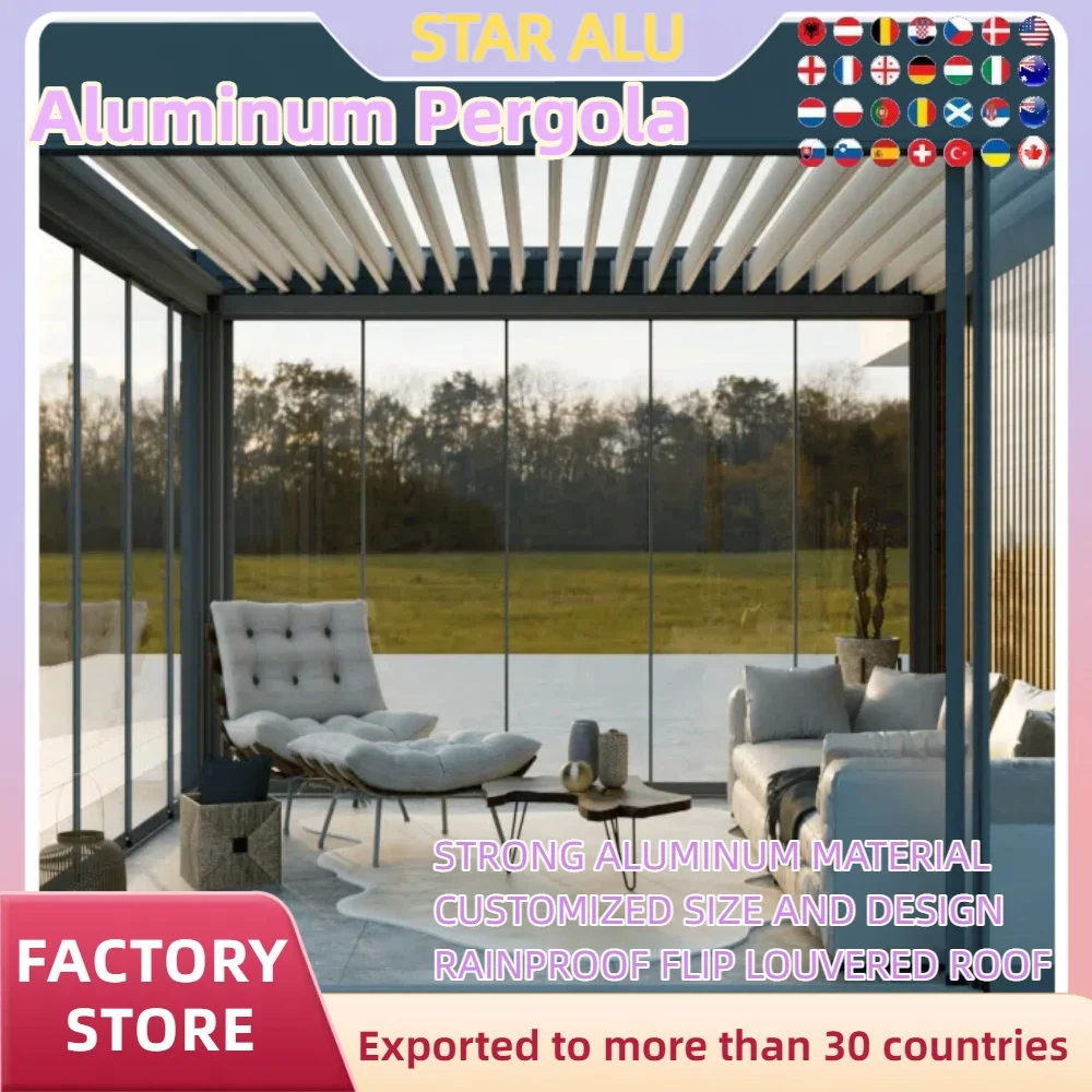 

Биоклиматическая пергола из алюминиевого сплава со стеклянной дверью, водонепроницаемая, сильная, вместимость переноски снега, ветрозащитный светодиодный мотор, ручная крыша