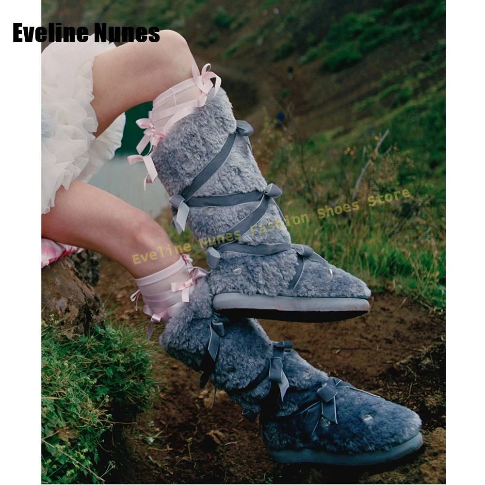 

Зимние сапоги с узлом-бабочкой и ремешком на щиколотке, круглый носок, толстая подошва, женские сапоги до колена из искусственного меха, новые зимние ботинки 2025 года