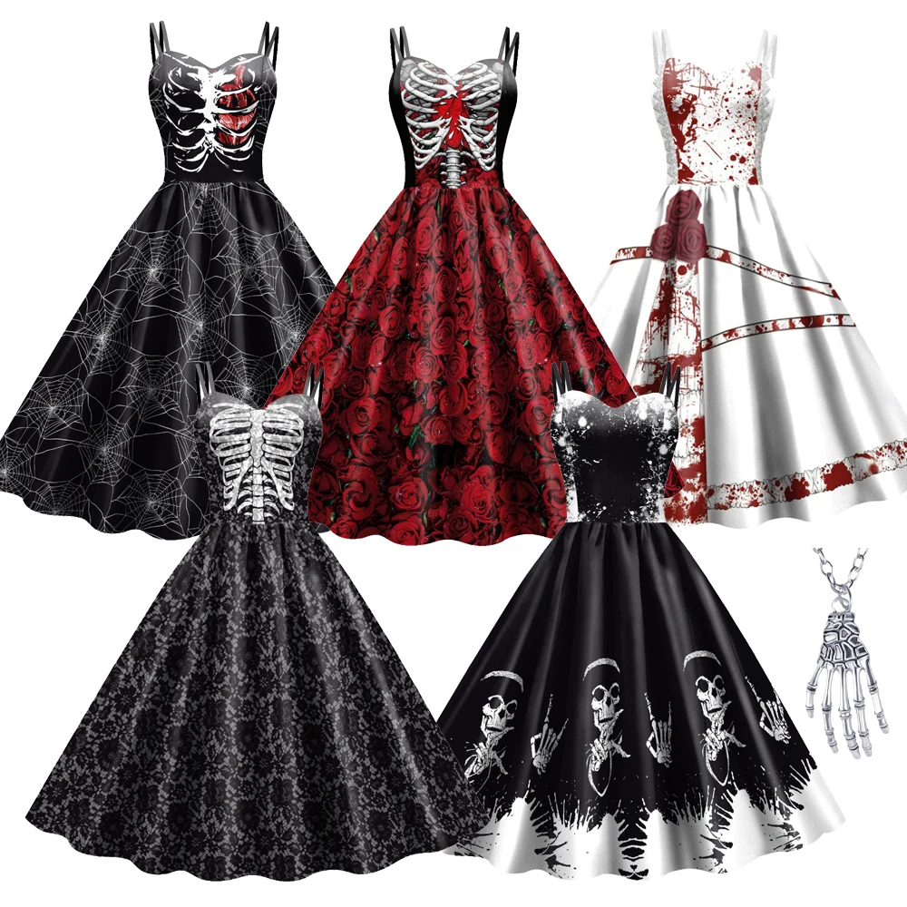 

Halloween Skeleton Cosplay Costume Full Sets Printed Dress Uniform for Women Outfit Carnival Party Performance Clothes Roleplay