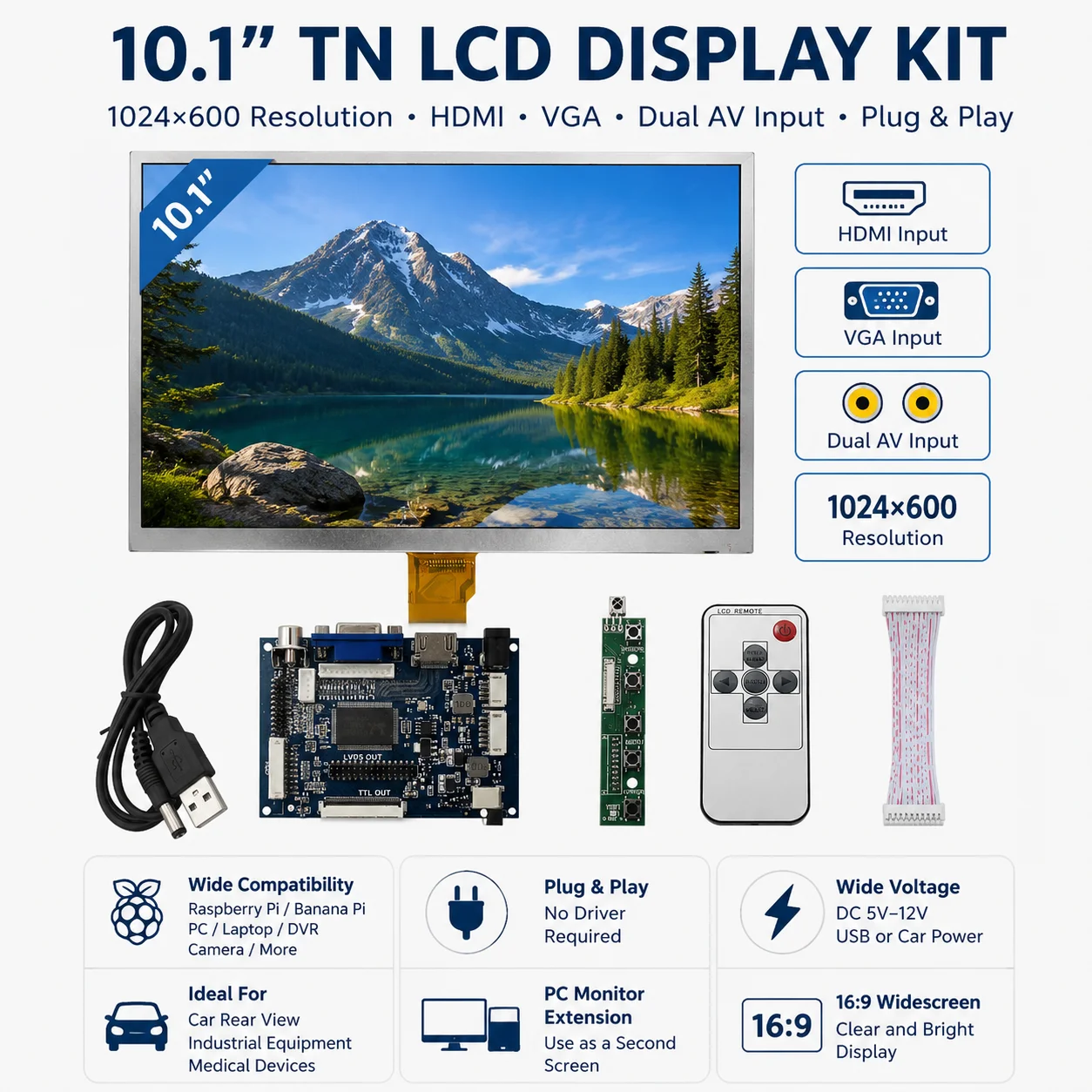 10,1-дюймовый HD-монитор, ЖК-экран, плата управления драйвером, 2AV, VGA, HDMI-совместимая, для Raspberry Pi, Orange Pi, мини-компьютера, ПК