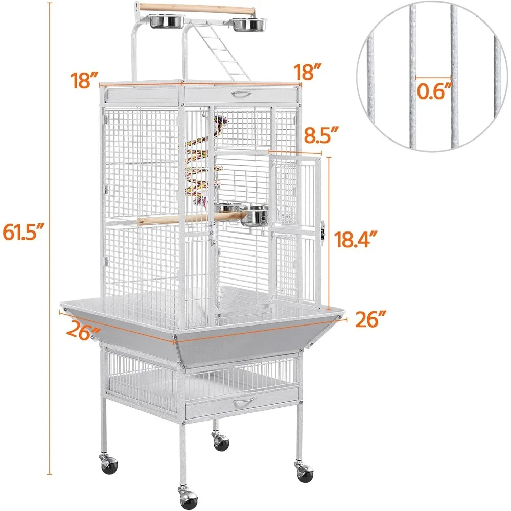 Wrought Iron Bird Cages, Play Top Large Aviary with Stand for Cockatiel Parrot Sun Parakeet Conures Lovebird Grey White, 61-inch