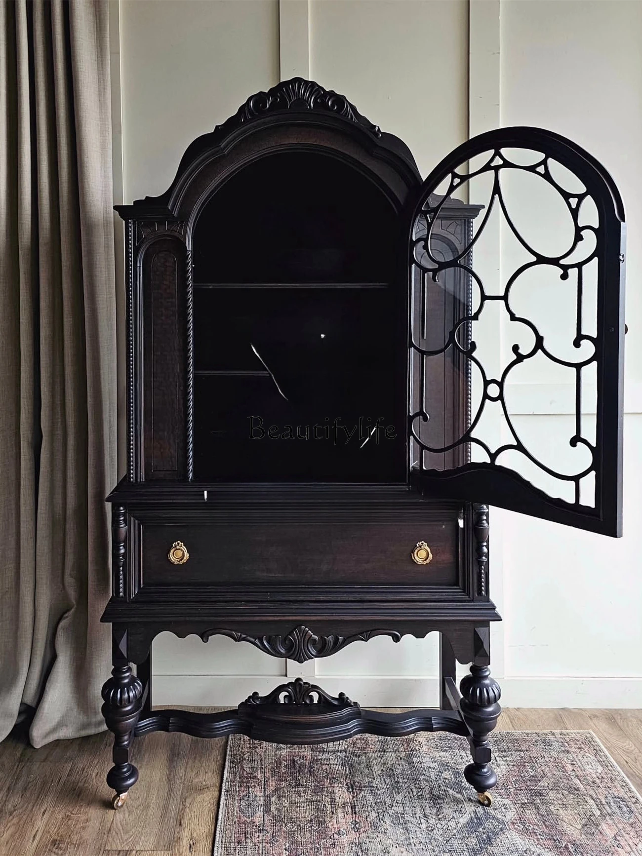 

yj7 French Retro Solid Wood Carved Vintage Wine Cabinet American Antique Sideboard Storage Cabinet High-End Furniture