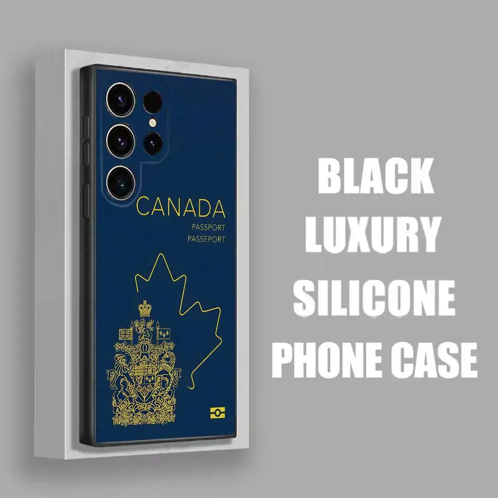 Capa de telefone de viagem com bandeira do passaporte do Canadá para Samsung S25, S24, S21, S22, S23, S30, Ultra, S20, Plus, Fe, Lite, 5G Capa preta