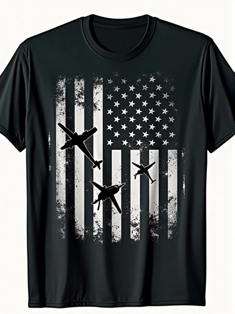 

Lightweight 100%Cotton-Patriotic American Flag & Airplane Design-100% cotton O-neck short sleeve casual printed men's T-shirt.