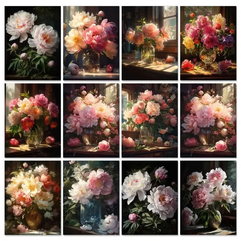 

570776 Painting By Numbers For Handiwork Pink White Flowers Paint Kit For Adults Wall Art On Canvas Gift Diy Crafts