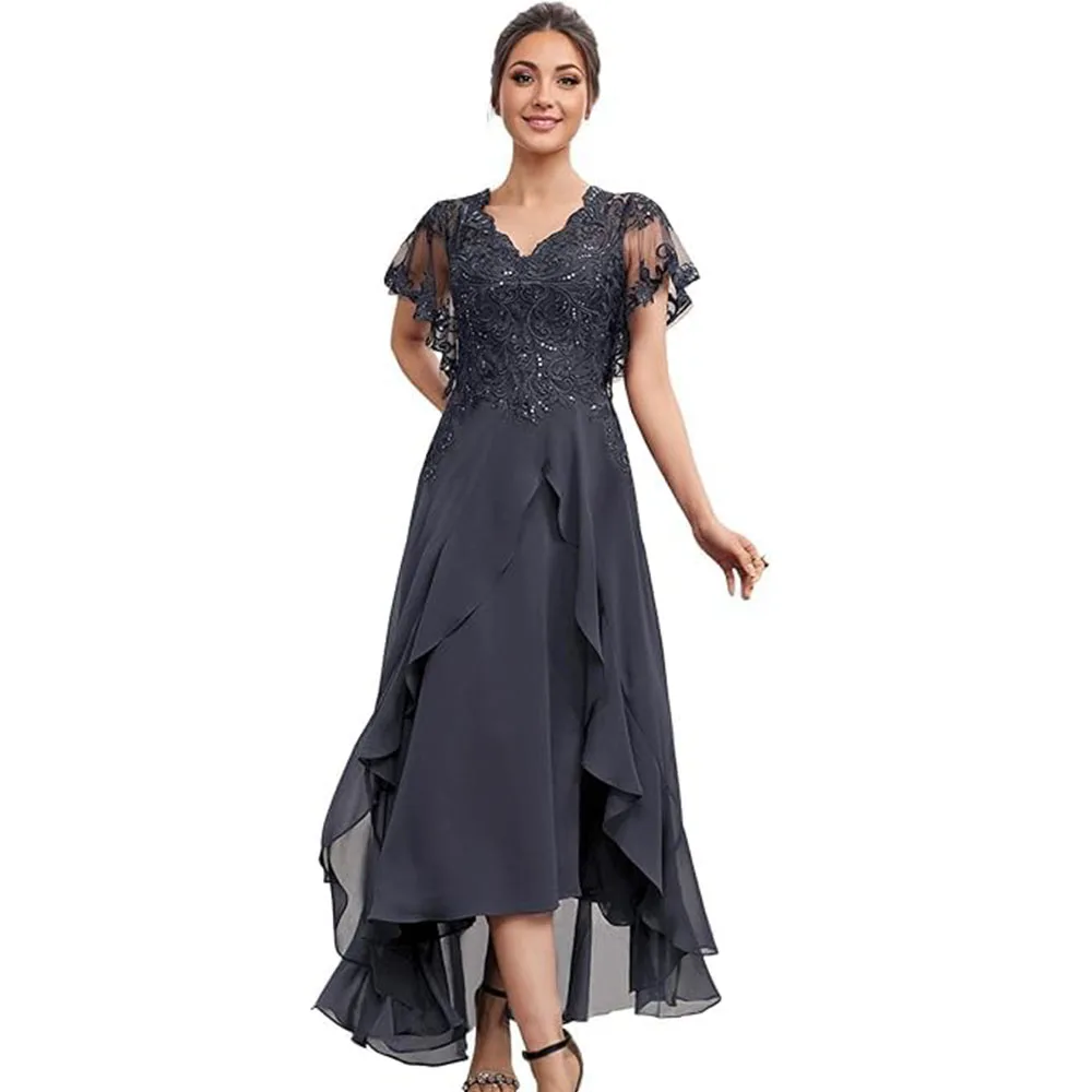

Customized Mother of The Bride Dresses for Women Tea Length V Neck Chiffon Appliques Lace Wedding Dress Formal Evening Gown