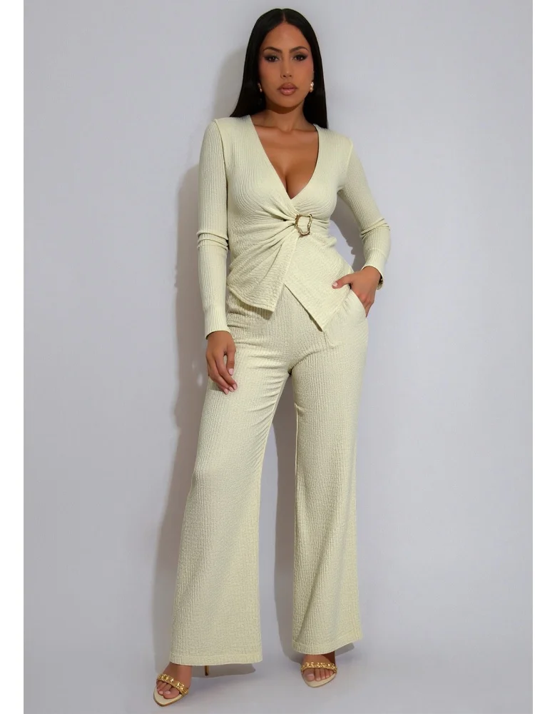 

Wmstar Two Piece Set Women Wholesale Cross Border Elastic Jacquard Pleated V Neck Waist Buckle Cinching Slimming Wide Leg Pants