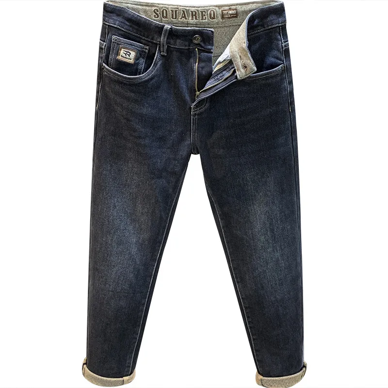 Warm jeans male2024winter fleece-lined thick fashion embroidery stretch slim-fit cold-resistant denim pants