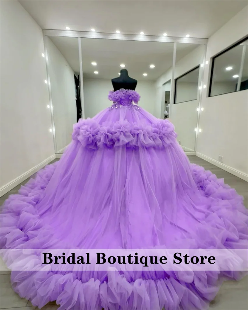 Purple Tulle Quinceanera Dress Ruffles With Bead Applique Crystal Sweet 16 Birthday Party Dress Vestidos De 15 Años