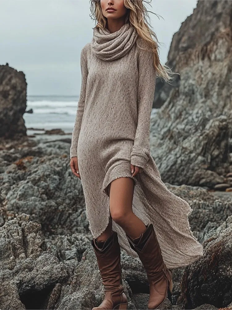 Elegance Heaps Collar Loose Dress For Woman Fashion Irregular Hem Long Sleeves Casual Dresses Spring Autumn Lady Solid Vestidos - Image 3