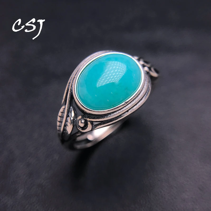 

CSJ Elegant Natural Amazonite Ring 925 Sterling Silver Gemstone 8*10mm for Women Lady Birthday Party Jewelry Gift