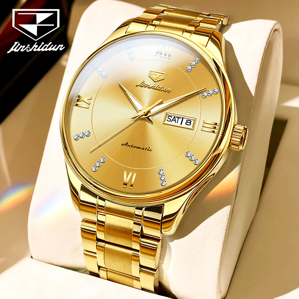 

JSDUN Самые продаваемые модные автоматические механические часы для мужчин из нержавеющей стали с двойным календарем, светящиеся водонепроницаемые роскошные мужские часы