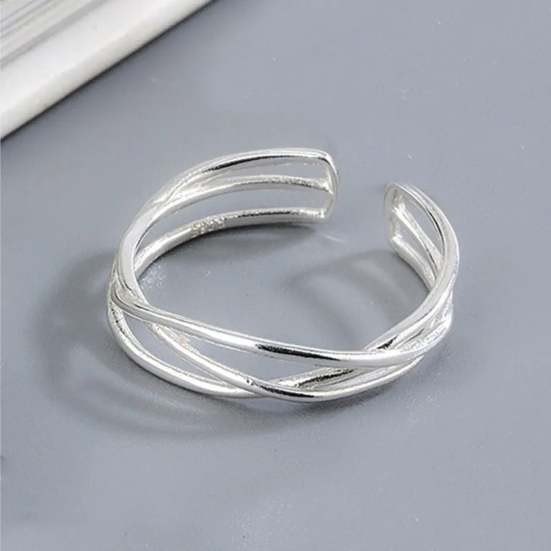 925 Sterling Silver Line Cross Multi-Layer Winding Open Ring Women Girl Simple Creative Jewelry Gift
