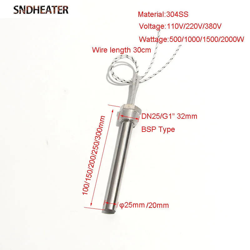 SNDHEATER 110V/220V/380V DN25/32mm Threaded Single Head Tube 20/25mm Tube Dia. 100-300mm Length Thread Cartridge Heaters 1pc