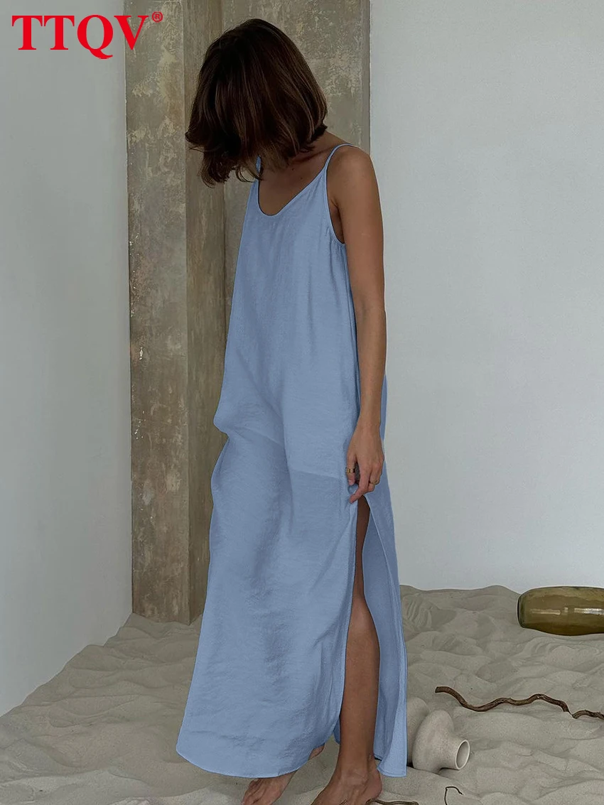 

TTQV Summer Loose Blue Women's Dress 2025 Fashion Strap Sleeveless Ankle Length Dresses Elegant Classic Slit Female Dress